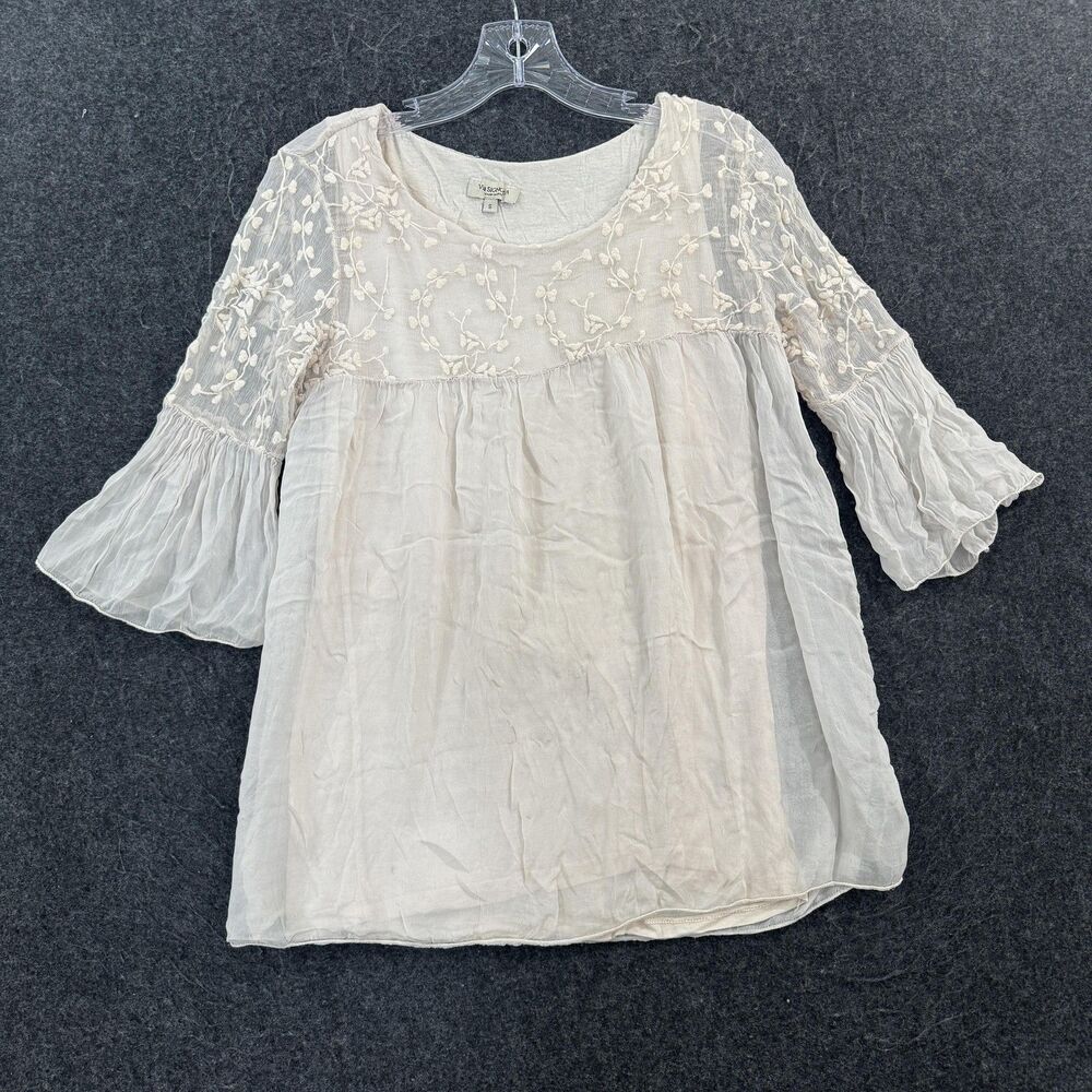 Via Signoria Blouse Women's Small Beige Embroidered Sheer Bell Sleeve Tunic Silk